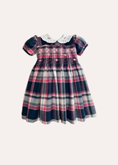 Vestido Smok Xadrez Marinho com Pink