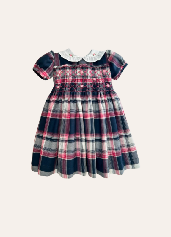 Vestido Smok Xadrez Marinho c/ Pink